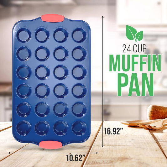 24 Cup Muffin Pan - Deluxe Nonstick Blue Coating Inside & Outside With Red Silicone Handles,  Compatible With Model: Ncsbsbl10 (Blue)