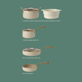Bloomhouse 8 Piece Pots and Pans Heavy Duty Aluminum Premium PFA Free Ceramic Nonstick Dutch Oven Pot with Lid - Linen White with Gold Handle