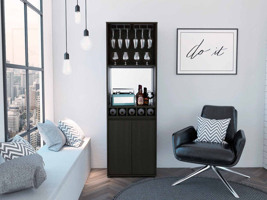 Tuhome Prana Bar Cabinet with Two Shelves, Five Built-In Wine Rack, Double Door Cabinet, Light Oak Finish for Living Room or Home Bar