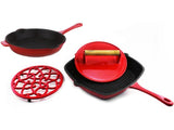BergHOFF Neo 4pc Cast Iron Fry Pan & Grill Pan Set, Red