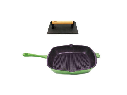 BergHOFF Neo 2pc Cast Iron 11" Grill Pan with Steak Press, Green