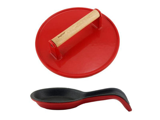BergHOFF Neo 2pc Cast Iron Spoon Rest and Steak Press Set, Red