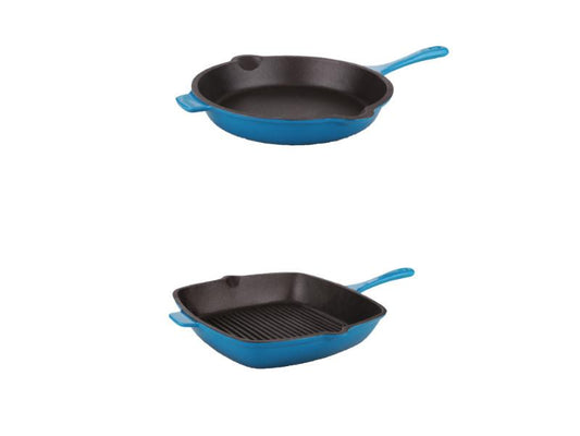 BergHOFF Neo 2pc Cast Iron 10" Fry Pan & 11" Grill Pan Cookware Set, Blue