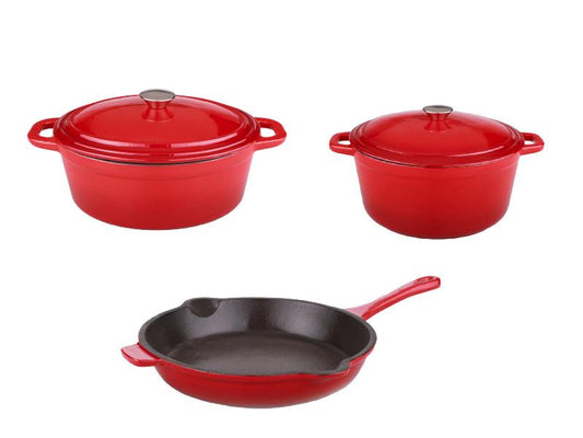 BergHOFF Neo 5pc Cast Iron Oval Dutch Oven Set with 10" Fry Pan, 5qt. & 8qt., Red