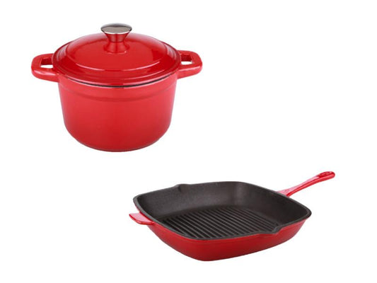 BergHOFF Neo 3pc Cast Iron Cookware Set, Grill Pan & Round Dutch Oven, Red
