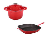 BergHOFF Neo 3pc Cast Iron Cookware Set, Grill Pan & Round Dutch Oven, Red