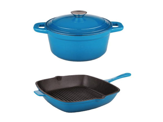 BergHOFF Neo 3pc Cast Iron Cookware Set, Grill Pan & Round Dutch Oven, Blue