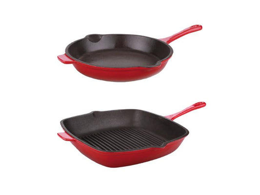 BergHOFF Neo 2pc Cast Iron 10" Fry Pan & 11" Grill Pan Cookware Set, Red