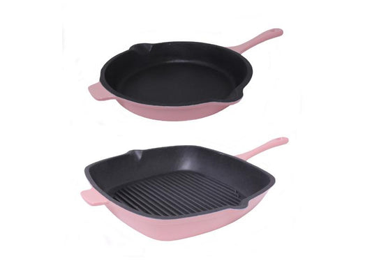 BergHOFF Neo 2pc Cast Iron 10" Fry Pan & 11" Grill Pan Cookware Set, Pink