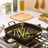 Bloomhouse Natural Bronze Finish 12-Inch Square Cast Iron Grill Pan – Olive Oil Treated Surface with Dual Handles & Olive Wood Trivet, Oven, Grill & Campfire Safe