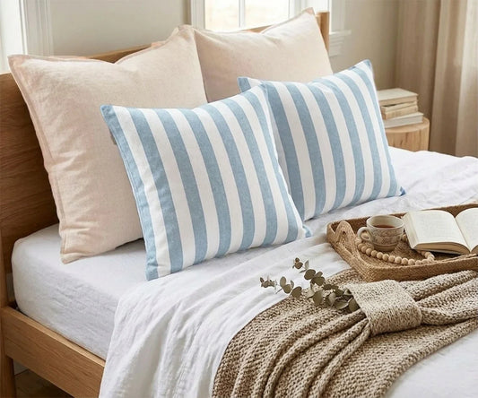 Blue Striped Cushion Covers, Cotton Linen Set of 2
