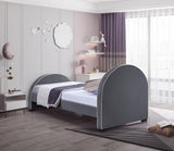 Brody Contemporary Velvet Bed with Cream Piping and Espresso Wood Legs for a Cozy Bedroom Retreat