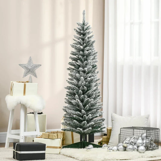 HOMCOM 5' Snow Flocked Artificial Pencil Christmas Tree, Slim Xmas Tree with Realistic Branches and Plastic Base Stand for Indoor Decoration, Green