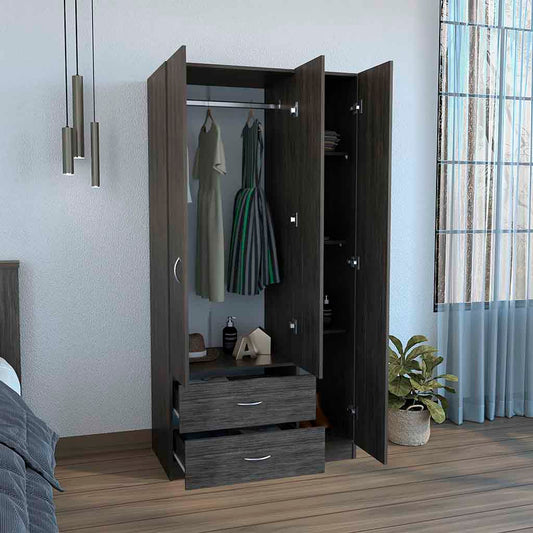 Tuhome Austral Three-Door Armoire with Double Door Hanging Cabinet, Full-Height Shelving Section, Two Spacious Storage Drawers, Modern Multi-Compartment Wardrobe for Organized Bedrooms and Versatile Home Storage