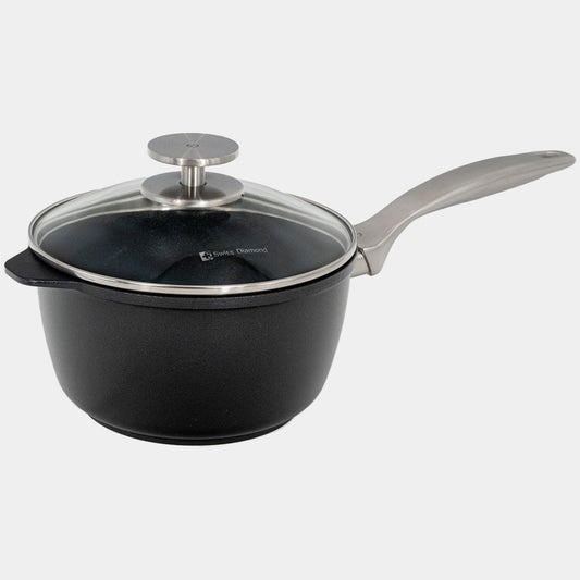 CXD Dual Ceramic Layer, Diamond Reinforced Nonstick Saucepan with Glass Lid | Made in Switzerland