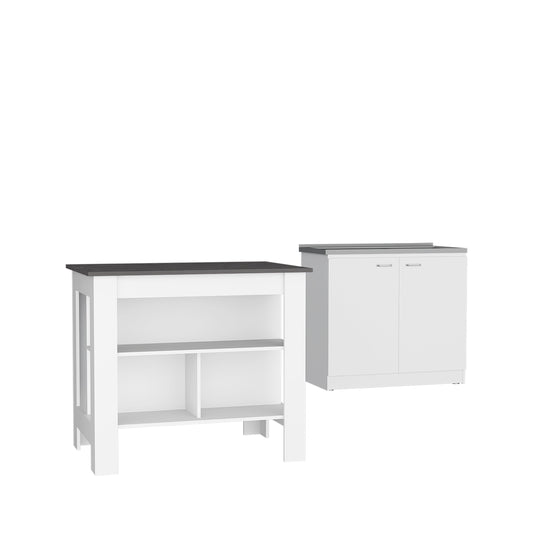 TUHOME Phoenix 2-Piece Kitchen Set with Storage Cabinet and Multi-Level Countertop Island, Modern Prep and Pantry Organization for Apartments and Small Kitchens, 35.4"H x 40.5"W x 27.5"D, White/Onyx