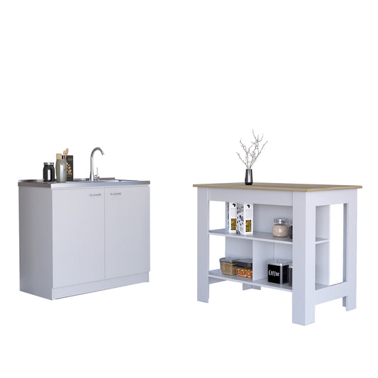 TUHOME Phoenix 2-Piece Kitchen Set with Storage Cabinet and Multi-Level Countertop Island, Modern Prep and Pantry Organization for Small Kitchens and Apartments, 35.4"H x 40.5"W x 27.5"D, White/Light Oak