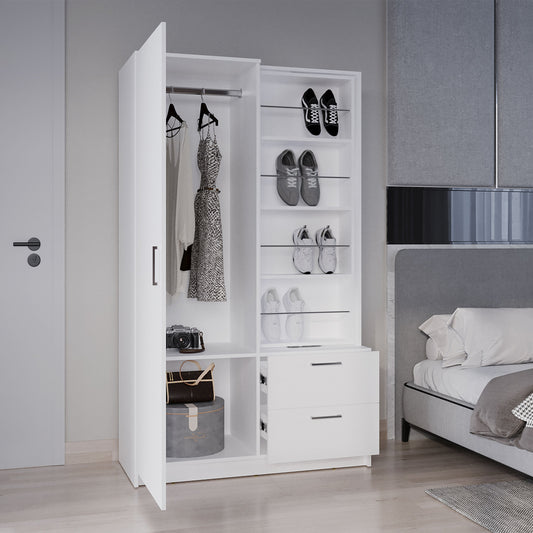 Seville High Multifunctional Armoire Wardrobe Storage Console Featuring Full-Length Integrated Mirror Door One Access Cabinet and Two Smooth-Gliding Drawers for Practical and Stylish Bedroom Organization