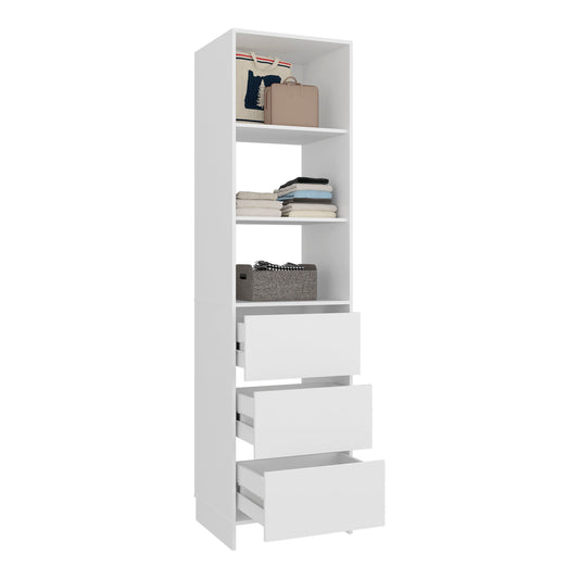 Eco Closet Free-Standing Wardrobe Tower with 3 Spacious Drawers, Open Shelves for Clothes, Bedroom Storage Organizer, Vertical Closet System for Small Spaces, Modern Space-Saving Clothing Cabinet