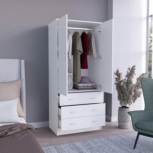 TUHOME Taly Double Door Armoire with Hanging Rod, Two Spacious Drawers and Full-Length Storage Compartment, Durable Engineered Wood Construction, Stylish Organizer for Clothes and Accessories in Modern Bedroom Spaces