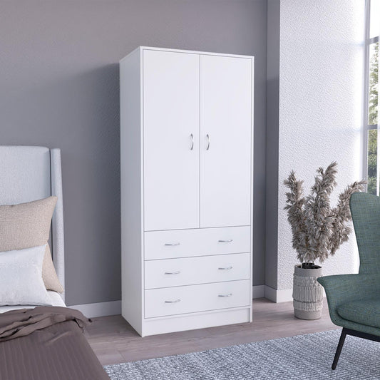 TUHOME Taly Double Door Armoire with Hanging Rod, Two Spacious Drawers and Full-Length Storage Compartment, Durable Engineered Wood Construction, Stylish Organizer for Clothes and Accessories in Modern Bedroom Spaces