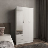 Riverside 3 Door Mirrored Armoire with Two Drawers, Four Shelves, and Hanging Rod