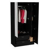 Riverside 3 Door Mirrored Armoire with Two Drawers, Four Shelves, and Hanging Rod