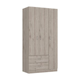 Tuhome Austral Three-Door Armoire with Double Door Hanging Cabinet, Full-Height Shelving Section, Two Spacious Storage Drawers, Modern Multi-Compartment Wardrobe for Organized Bedrooms and Versatile Home Storage