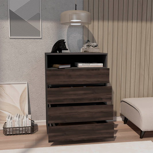 Alpine Four-Drawer Dresser with Spacious Storage and Modern Handles, Freestanding Design with Plomo, Kronos, and Walnut Finishes, Perfect for Organizing Clothes, Linens, and Everyday Essentials in Modern Bedrooms