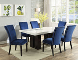 Camila Marble Dining Group (Table & 4 Blue Velvet Side Chairs) Black and Silver Side Chairs Can Be Added Optionally
