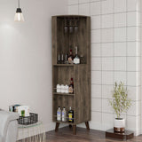 Tuhome Cincinatti Corner Bar Cabinet with Superior Top Shelf, Cup Rack, One Drawer, Two External Shelves and Four-Leg Freestanding Design for Home Bar Storage, Cocktail Organization and Space-Saving Display