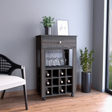 Memphis Bar Cart with Twelve Built-In Wine Rack Cubbies, Smooth-Glide Storage Drawer, Open Display Space and Mobile Caster Wheels for Organized Home Entertaining, Wine Storage and Modern Beverage Service Convenience