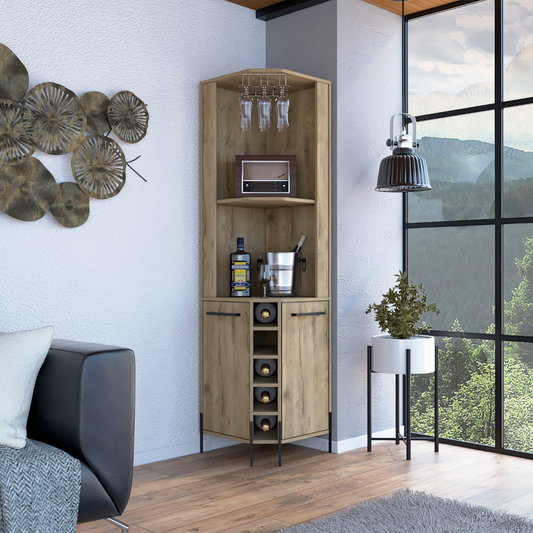 TUHOME Hans Corner Bar Cabinet with Five Built-In Wine Rack, Two Spacious Shelves, Cup Rack and Freestanding Home Bar Storage for Compact Corners, Modern Entertainment and Wine Organization