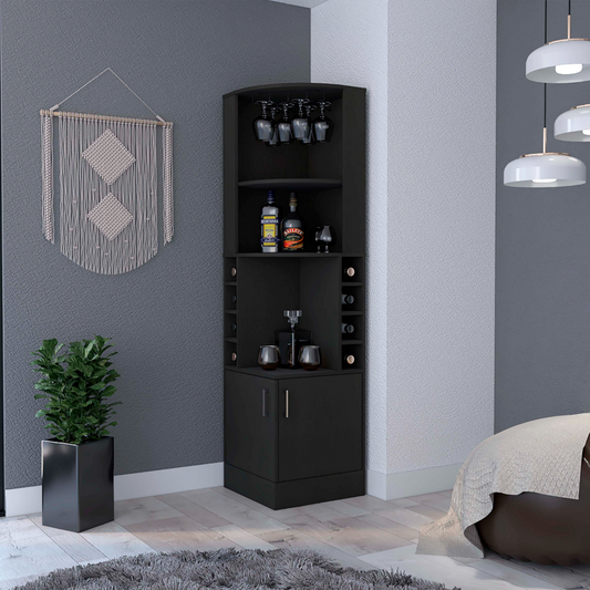 Tuhome Kava Being Corner Bar Cabinet with Glass Rack, Double Door Storage, Eight Bottle Wine Rack, Vertical Space-Saving Bar Furniture for Home Entertaining and Modern Organization