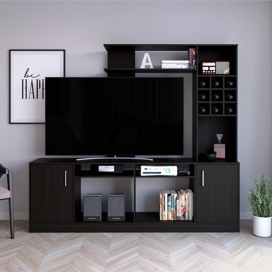Kava Entertainment Center with Large TV Storage Space for Screens up to 78", Six External Display Shelves, Double-Door Cabinet, Built-In Wine Rack and Modern Multi-Functional Design for Organized Living Room Entertainment