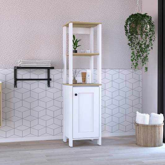 Tuhome St. Clair Linen Cabinet with Two Interior Shelves, Two Open Display Shelves, Single Door Storage Compartment, Space-Saving Vertical Design and Ample Organization for Towels and Bathroom Essentials