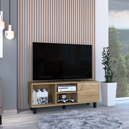 Tuhome Tunez TV Stand for TVs up to 43", Modern Entertainment Console with Three Open Shelves and Single Cabinet, Space-Saving Media Storage Unit for Living Room or Bedroom in Stylish Light Oak Finish