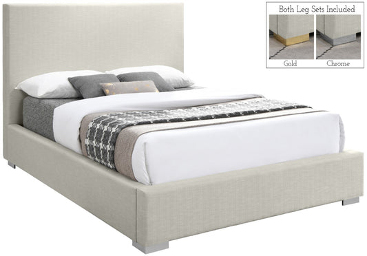Crosby Mid Century Modern Bed with Elegant Linen Upholstery and Stylish Gold & Chrome Legs