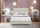 Crosby Mid Century Modern Bed with Elegant Linen Upholstery and Stylish Gold & Chrome Legs