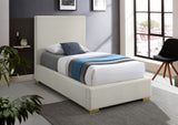Crosby Mid Century Modern Bed with Elegant Linen Upholstery and Stylish Gold & Chrome Legs