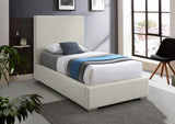 Crosby Mid Century Modern Bed with Elegant Linen Upholstery and Stylish Gold & Chrome Legs