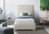 Crosby Mid Century Modern Bed with Elegant Linen Upholstery and Stylish Gold & Chrome Legs