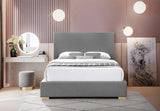 Crosby Mid Century Modern Bed with Elegant Linen Upholstery and Stylish Gold & Chrome Legs