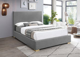 Crosby Mid Century Modern Bed with Elegant Linen Upholstery and Stylish Gold & Chrome Legs