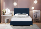 Crosby Mid Century Modern Bed with Elegant Linen Upholstery and Stylish Gold & Chrome Legs