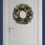 Haute Decor 24 Inch Sutton Place Christmas Wreath with Blue and Gold Shatterproof Ornaments