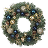 Haute Decor 24 Inch Sutton Place Christmas Wreath with Blue and Gold Shatterproof Ornaments