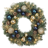 Haute Decor 24 Inch Sutton Place Christmas Wreath with Blue and Gold Shatterproof Ornaments