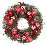 Haute Decor 26 Inch Holiday Times Wreath with Patterned Red and White Shatterproof Ornaments, Berries, and Real Pinecones