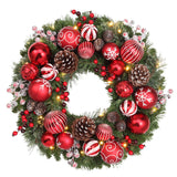 Haute Decor 26 Inch Holiday Times Wreath with Patterned Red and White Shatterproof Ornaments, Berries, and Real Pinecones